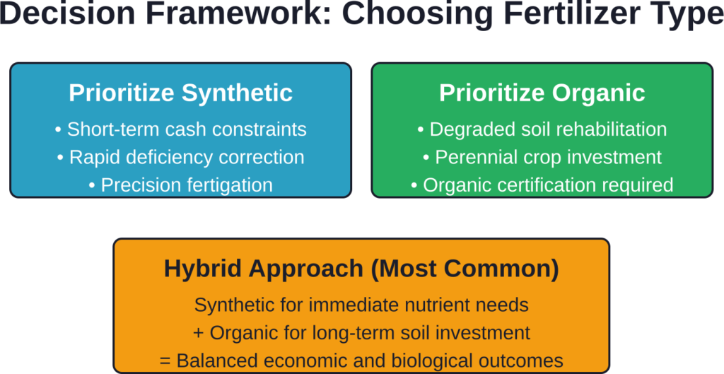 Most commercial operations blend synthetic and organic approaches, matching fertilizer type to specific field conditions and business priorities.