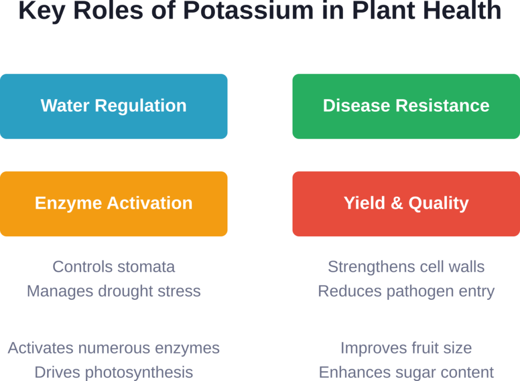 Potassium performs multiple critical functions that directly impact plant vigor and harvest outcomes.